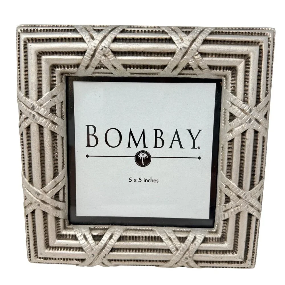 Vintage Bombay Silver Tone Photo Frame Textured Geometric Design 5x5‎ Tabletop